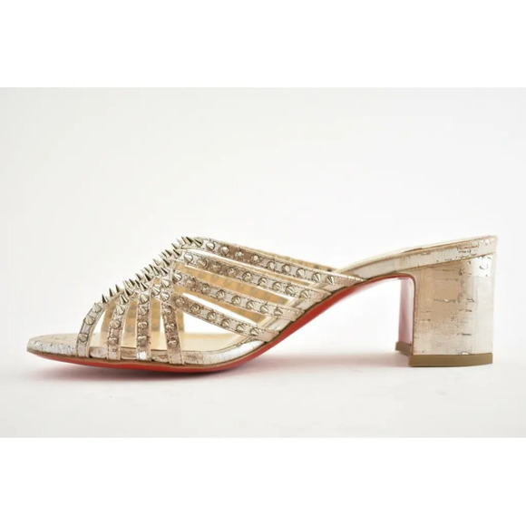 Christian Louboutin Marthaspike 55 Silver Open Sandal Mule Block Heel Pump 36.5 - Picture 9 of 12